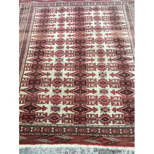 361 - Vintage Good Sized Afghan Tekke Turkman Style Rug with Repeating Gul Design in Red and Cream Tones.L... 