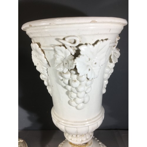 365 - Pair of Large  Spanish Tin Glazed Planters with Profuse Grape and Vine Decoration. A/F