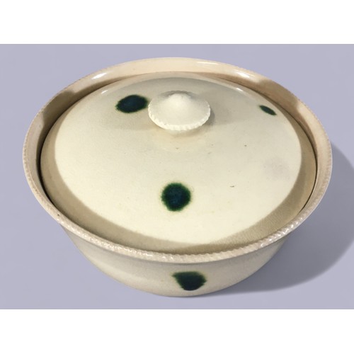 111 - Japanese Cream Glazed with Oribe Green Dot Pattern Lidded Rice Bowl. Marks to base.