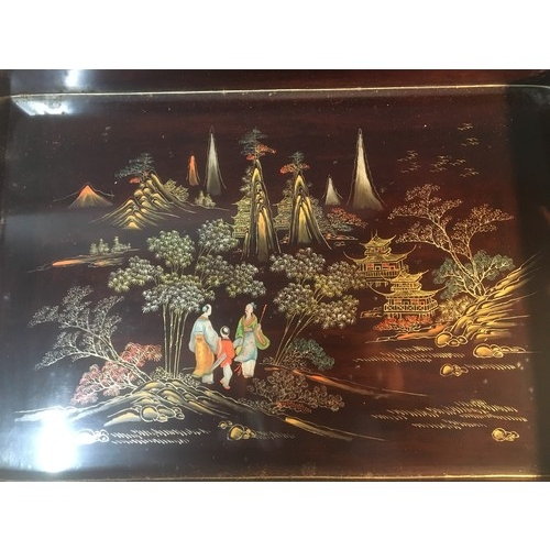 290 - Chinese Early 20th Century Graduated Set of 3 Lacquer Ware Serving trays, Figural and Mountain Lands... 