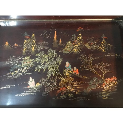 290 - Chinese Early 20th Century Graduated Set of 3 Lacquer Ware Serving trays, Figural and Mountain Lands... 