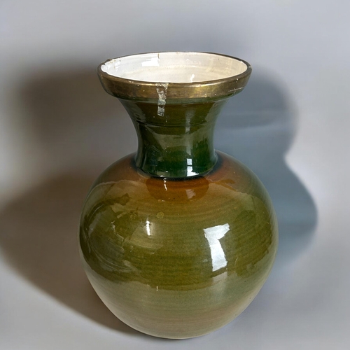 2 - A large Olive glazed ceramic vase. Rim and foot bound in metal. (Dimensions - 23 x 24cm).Together wi... 