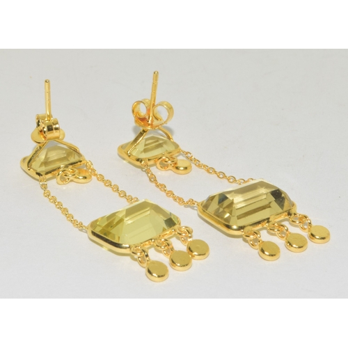 53 - Pair of large gold on sterling silver natural citrine drop earrings