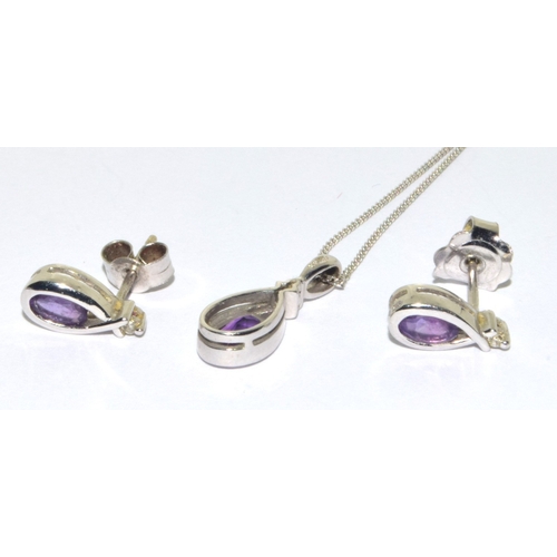 113 - 9ct white gold Amethyst pendant necklace with matching 9ct white gold ear studs on a 44cm 9ct white ... 