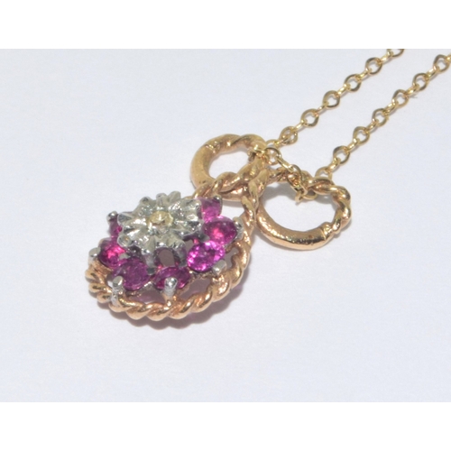 13 - 9ct gold vintage Ruby and Diamond pendant necklace on a 44cm 9ct gold chain