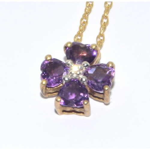 23 - 9ct gold ladies Amethyst and Diamond cluster pendant necklace on a 42cm 9ct gold chain