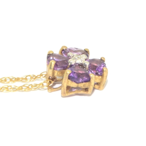 23 - 9ct gold ladies Amethyst and Diamond cluster pendant necklace on a 42cm 9ct gold chain