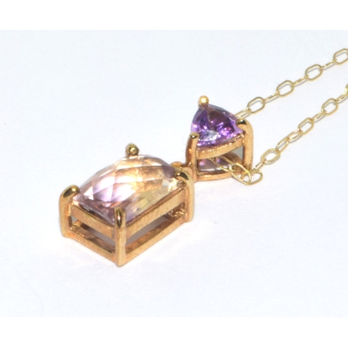 43 - 9ct gold vintage Ametrine and Amethyst pendant necklace on a 42cm 9ct gold chain