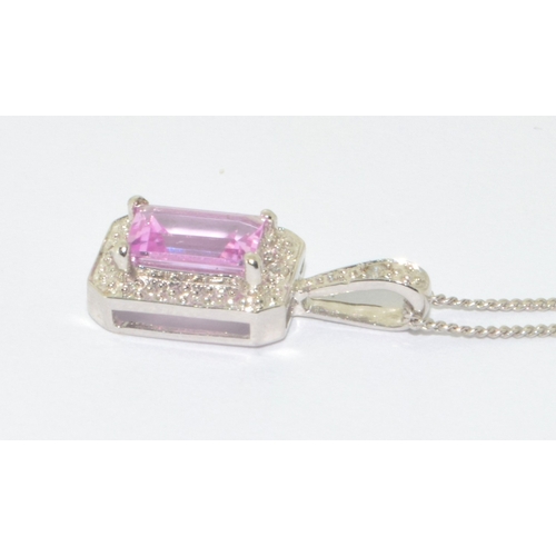 53 - 9ct white gold pink gemstone halo design pendant necklace on a 44cm white gold chain