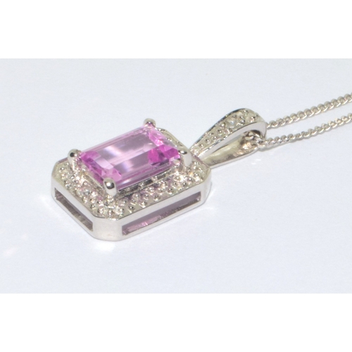 53 - 9ct white gold pink gemstone halo design pendant necklace on a 44cm white gold chain