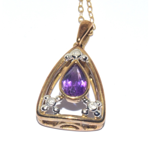 63 - 9ct gold vintage Amethyst and Diamond pendant necklace and earring suite of jewellery on a 44cm 9ct ... 