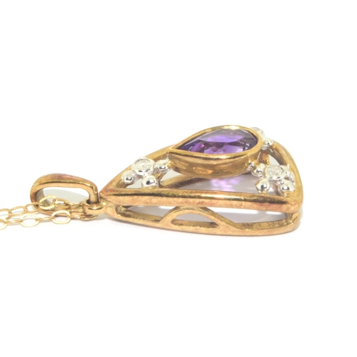 63 - 9ct gold vintage Amethyst and Diamond pendant necklace and earring suite of jewellery on a 44cm 9ct ... 