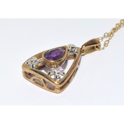 63 - 9ct gold vintage Amethyst and Diamond pendant necklace and earring suite of jewellery on a 44cm 9ct ... 