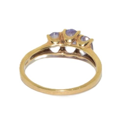 126 - 9ct gold ladies stepped triple Amethyst ring size N