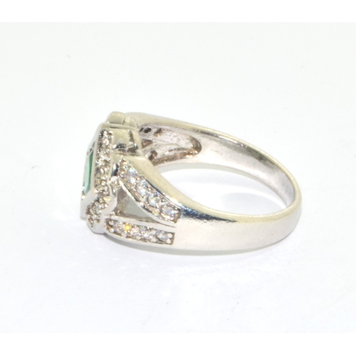 99 - Art Deco inspired CZ and Emerald 925 silver ring size P