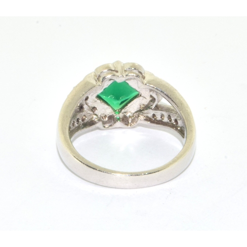 99 - Art Deco inspired CZ and Emerald 925 silver ring size P