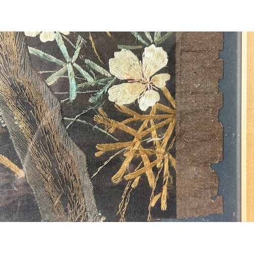 39 - A large Japanese silk embroidery panel.Meiji period. Depicting Cranes in a tree. Framed.104 x 74cm (... 