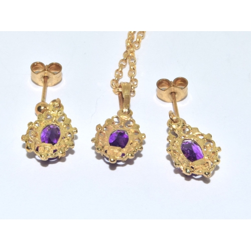 58 - 9ct gold Amethyst suite of jewellery comprising an Amethyst pendant necklace on a 9ct gold chain tog... 