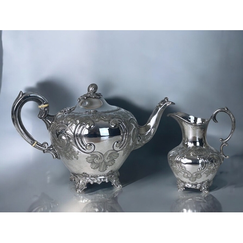 305 - Martin Hall & Co, Circa 1855 silver plate Tea & Coffee set.Chased & embossed with floral... 