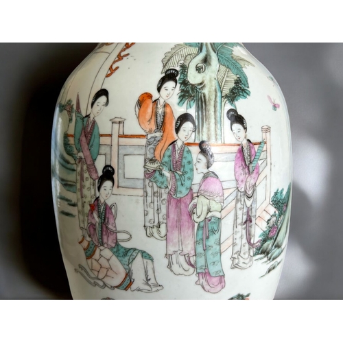 46 - A large Chinese republic porcelain table lamp.Of Baluster form, hand painted in enamels depicting fi... 