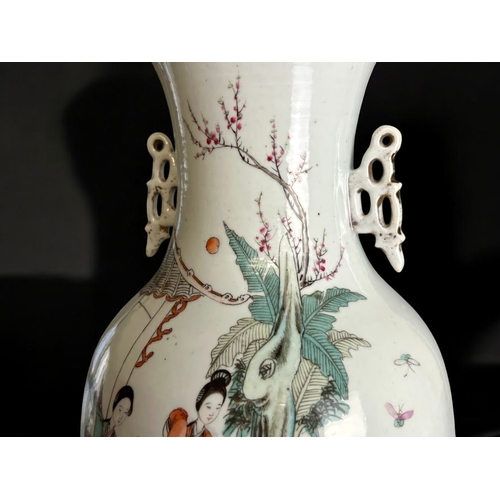 46 - A large Chinese republic porcelain table lamp.Of Baluster form, hand painted in enamels depicting fi... 