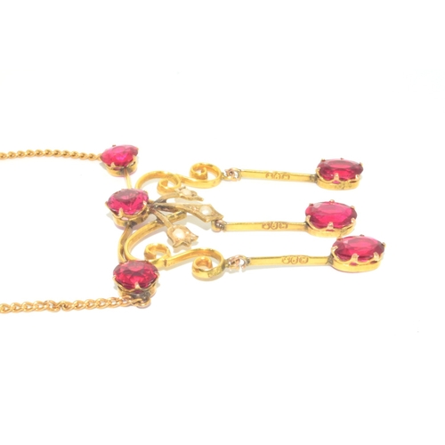 318 - Superb vintage Art Noveau Ruby and Pearl drop down pendant necklace on a 9ct gold 40cm chain in a vi... 