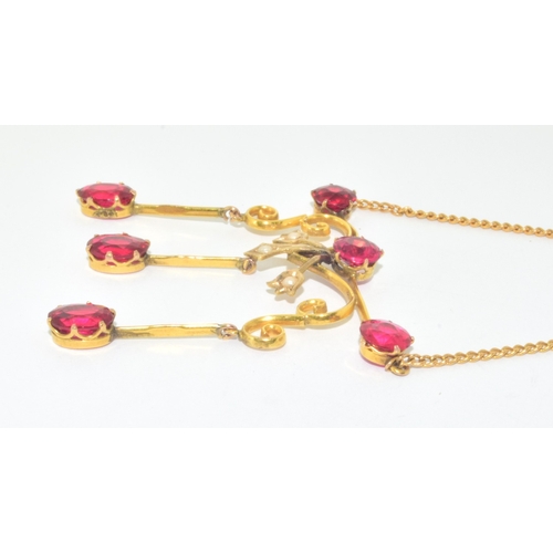 318 - Superb vintage Art Noveau Ruby and Pearl drop down pendant necklace on a 9ct gold 40cm chain in a vi... 