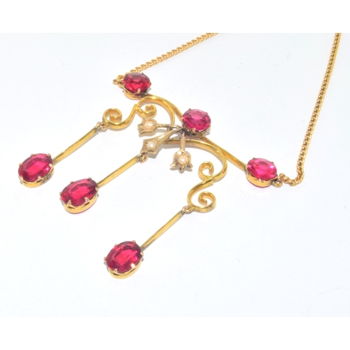 318 - Superb vintage Art Noveau Ruby and Pearl drop down pendant necklace on a 9ct gold 40cm chain in a vi... 