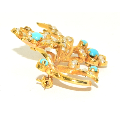 33 - Superb 9ct gold vintage Turquoise and Pearl flower design brooch of 7.7g 4x3cm