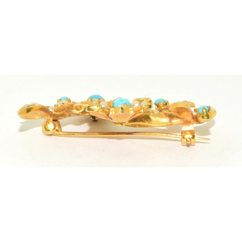 33 - Superb 9ct gold vintage Turquoise and Pearl flower design brooch of 7.7g 4x3cm