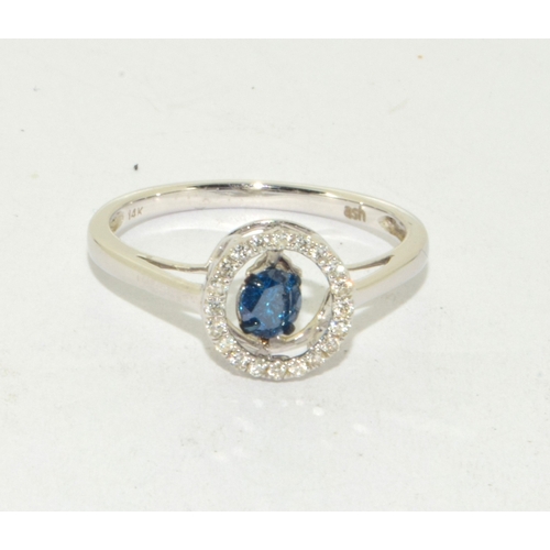 78 - 14ct white gold ladies Diamond halo mount ring with a floating blue diamond size O