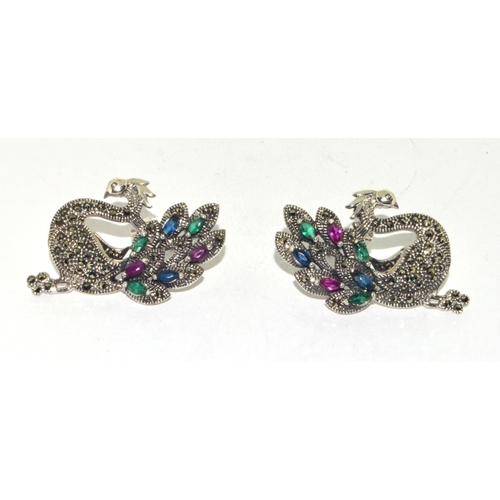 158 - Pair silver Peacock drop earrings set with emeralds and rubies