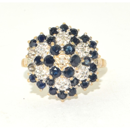 161 - 9ct gold ladies vintage Diamond and Sapphire cluster statement/cocktail ring size P