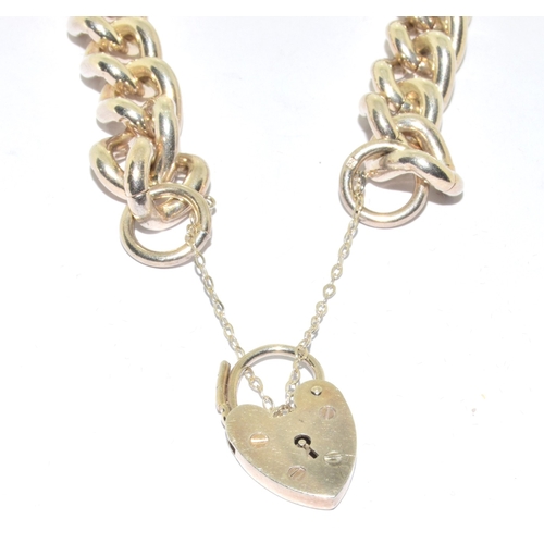 190 - heavy 925 silver bracelet with heart padlock and safety chain 18cm long 55 grams