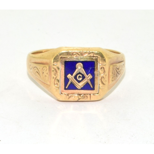 191 - 9ct gold Masonic reversable signet ring with enamelled Masonic decoration 6.5g size X