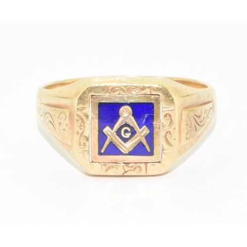 191 - 9ct gold Masonic reversable signet ring with enamelled Masonic decoration 6.5g size X