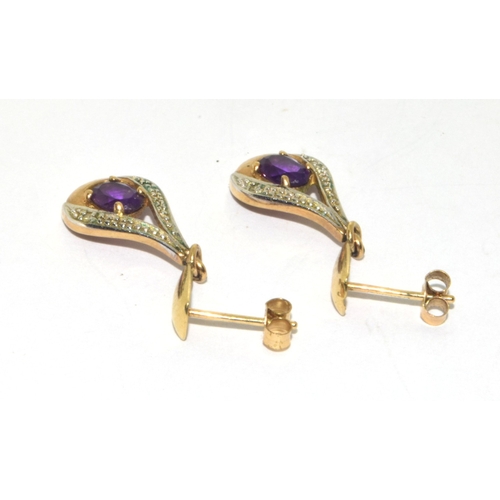 198 - 9ct gold Amethyst and Diamond drop stud earrings