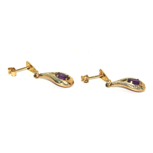 198 - 9ct gold Amethyst and Diamond drop stud earrings