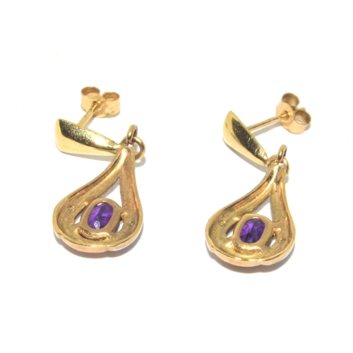 198 - 9ct gold Amethyst and Diamond drop stud earrings