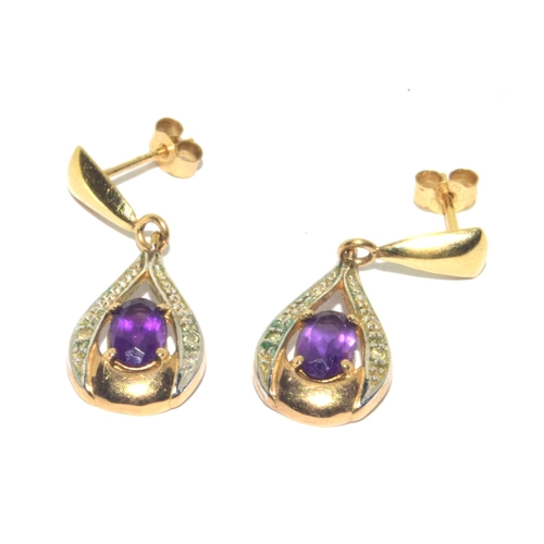 198 - 9ct gold Amethyst and Diamond drop stud earrings