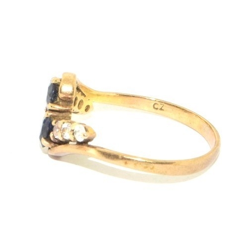 206 - 9ct gold ladies twin stone sapphire ring in a twist design with clear stone enhancement size Q