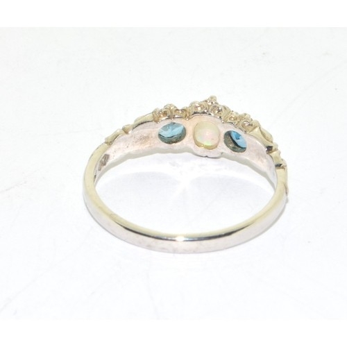 241 - 14ct white gold ladies vintage Opal and Sapphire triple ring in a scroll work setting size T