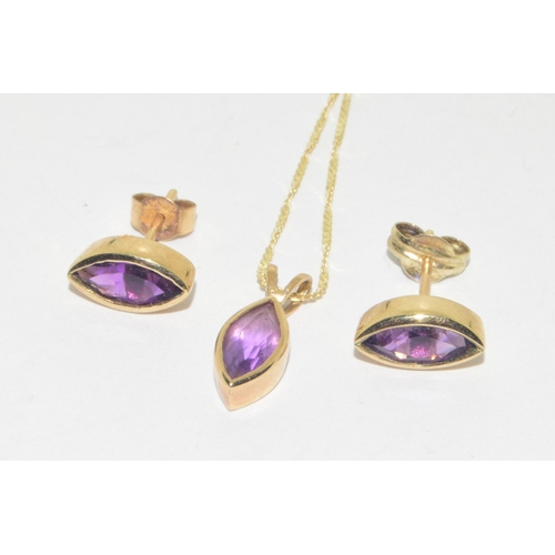 253 - 9ct gold Amethyst pendant necklace and 9ct gold Amethyst earrings the pendant on a 9ct gold chain of... 