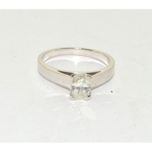 308 - 14ct white gold ladies emerald cut Diamond solitaire ring approx 80 points  size M