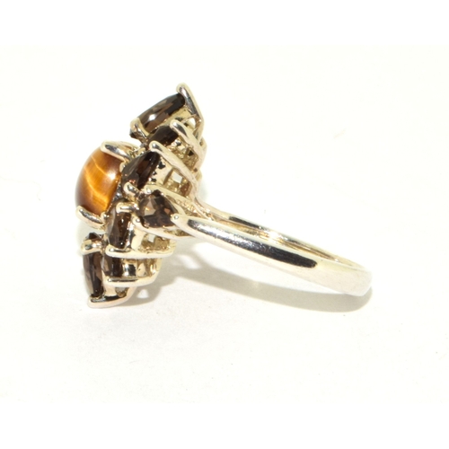 332 - Large Tigers eye smokey quarts 925 silver ring size O