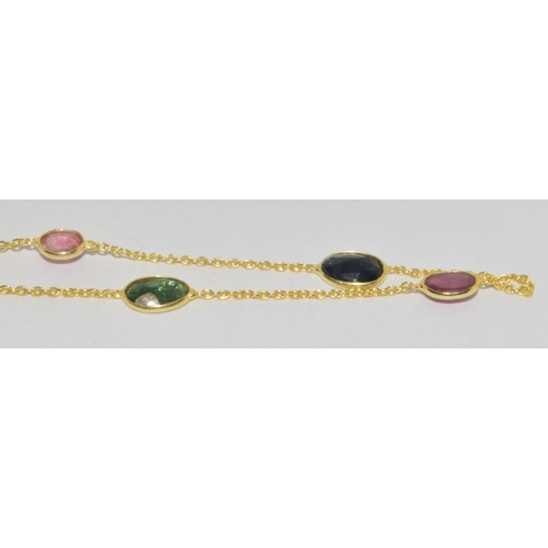 337 - Long gold on sterling silver Rainbow natural Tourmaline necklace approx length 35 inches