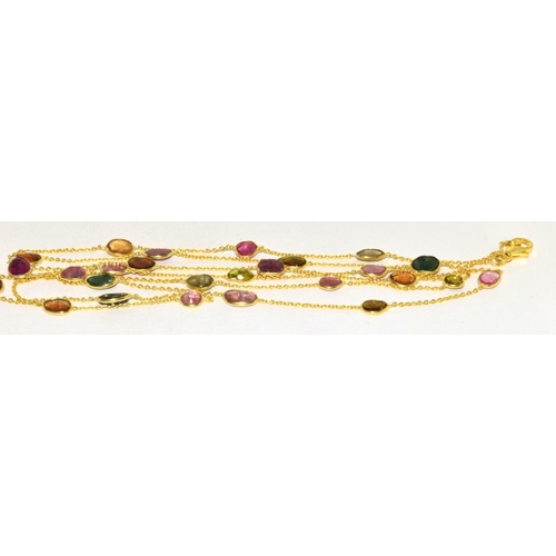 337 - Long gold on sterling silver Rainbow natural Tourmaline necklace approx length 35 inches