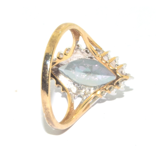 181 - 9ct gold ladies marquise shape Mystic Topaz statement ring with a clear stone halo design size P