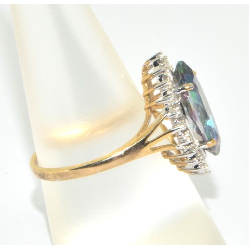 181 - 9ct gold ladies marquise shape Mystic Topaz statement ring with a clear stone halo design size P