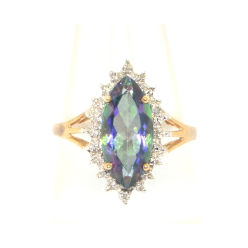 181 - 9ct gold ladies marquise shape Mystic Topaz statement ring with a clear stone halo design size P